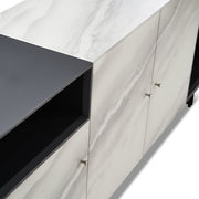 Olivia Modern 3-Door Sideboard with White Marble-Effect Tempered Glass and Black Open Shelving - Furniture City (CA)l