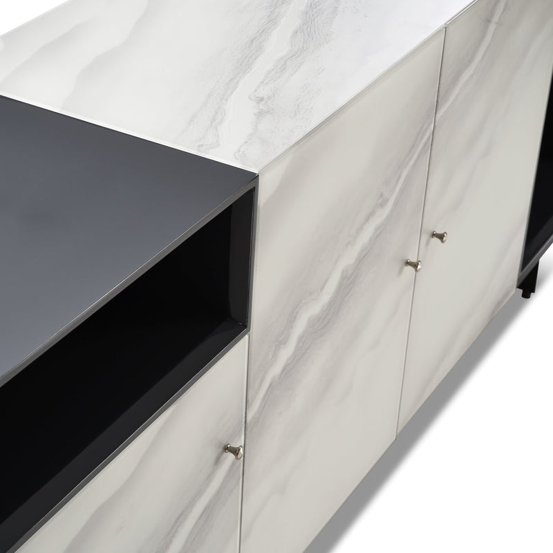 Olivia Modern 3-Door Sideboard with White Marble-Effect Tempered Glass and Black Open Shelving - Furniture City (CA)l