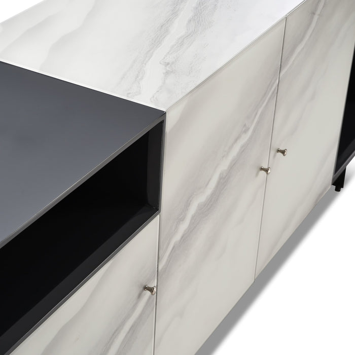 Olivia Modern 3-Door Sideboard with White Marble-Effect Tempered Glass and Black Open Shelving