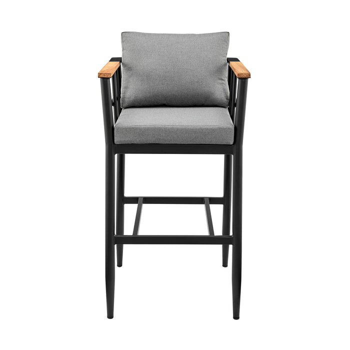 Orlando Outdoor Patio Counter Height Bar Stool in Aluminum and Teak with Gray Cushions
