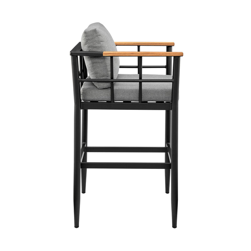 Orlando Outdoor Patio Counter Height Bar Stool in Aluminum and Teak with Gray Cushions - Furniture City (CA)l