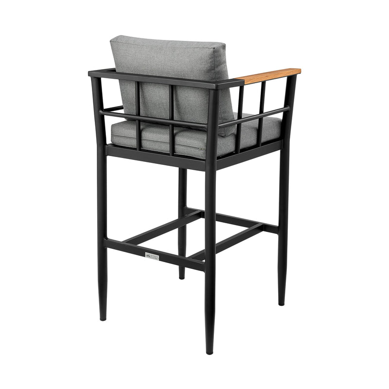 Orlando Outdoor Patio Counter Height Bar Stool in Aluminum and Teak with Gray Cushions - Furniture City (CA)l