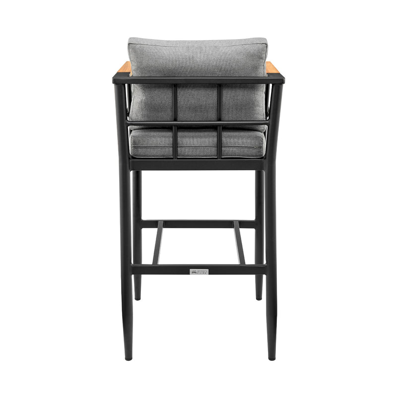 Orlando Outdoor Patio Counter Height Bar Stool in Aluminum and Teak with Gray Cushions - Furniture City (CA)l