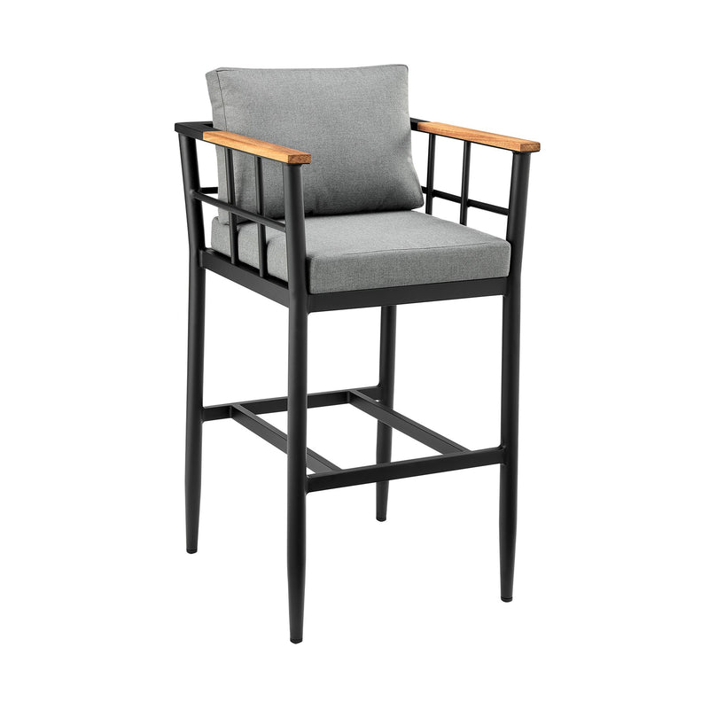 Orlando Outdoor Patio Bar Stool in Aluminum and Teak with Gray Cushions - Furniture City (CA)l