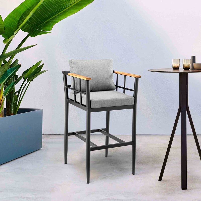 Orlando Outdoor Patio Bar Stool in Aluminum and Teak with Gray Cushions - Furniture City (CA)l