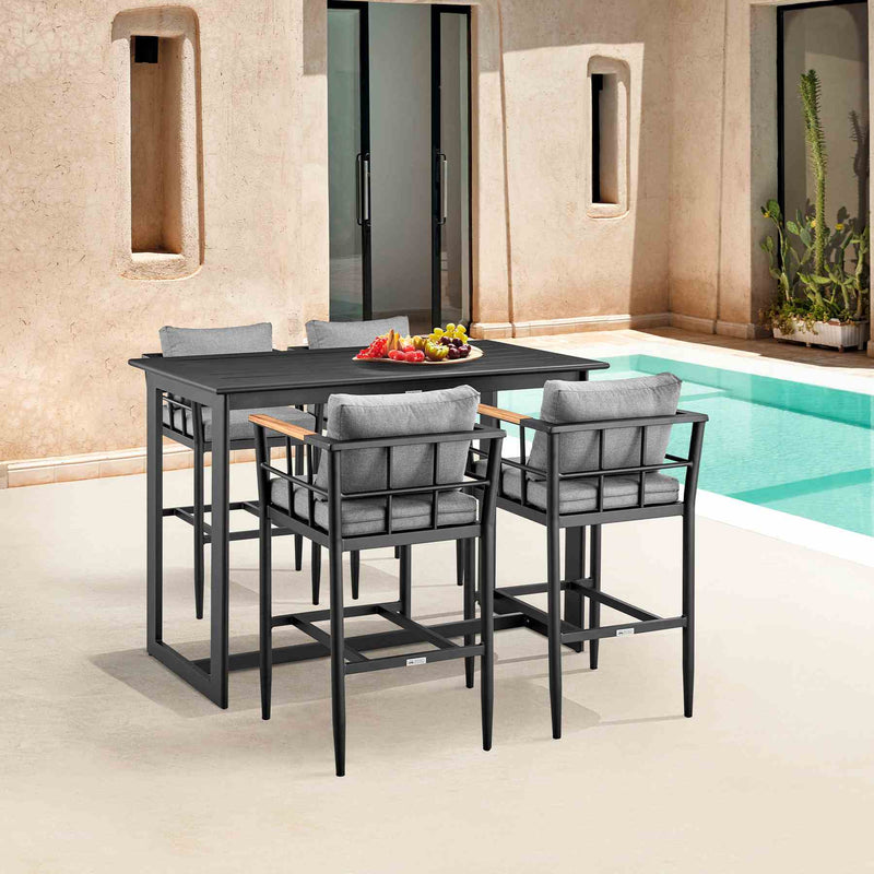 Orlando Outdoor Patio Bar Stool in Aluminum and Teak with Gray Cushions - Furniture City (CA)l