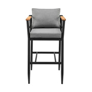 Orlando Outdoor Patio Bar Stool in Aluminum and Teak with Gray Cushions - Furniture City (CA)l