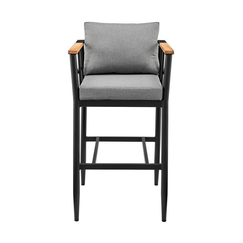 Orlando Outdoor Patio Bar Stool in Aluminum and Teak with Gray Cushions - Furniture City (CA)l