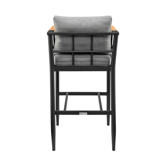 Orlando Outdoor Patio Bar Stool in Aluminum and Teak with Gray Cushions