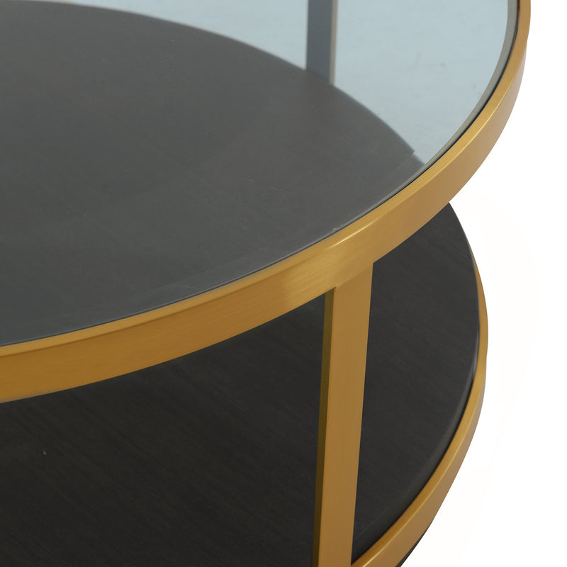 Hattie Glass Top and Walnut Wood Coffee Table with Brushed Gold Frame - Furniture City (CA)l