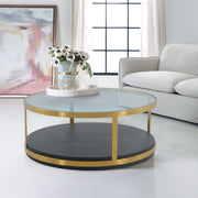 Hattie Glass Top and Walnut Wood Coffee Table with Brushed Gold Frame - Furniture City (CA)l