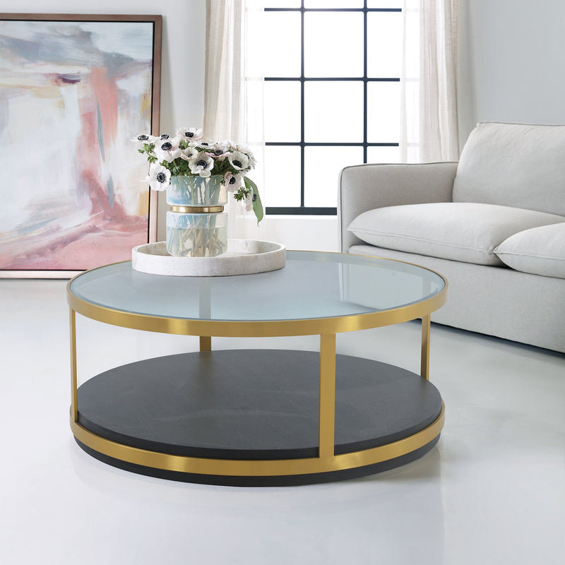 Hattie Glass Top and Walnut Wood Coffee Table with Brushed Gold Frame - Furniture City (CA)l