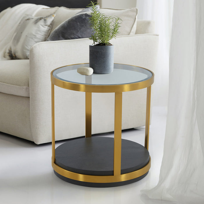 Hattie Glass Top and Walnut Wood End Table with Brushed Gold Frame