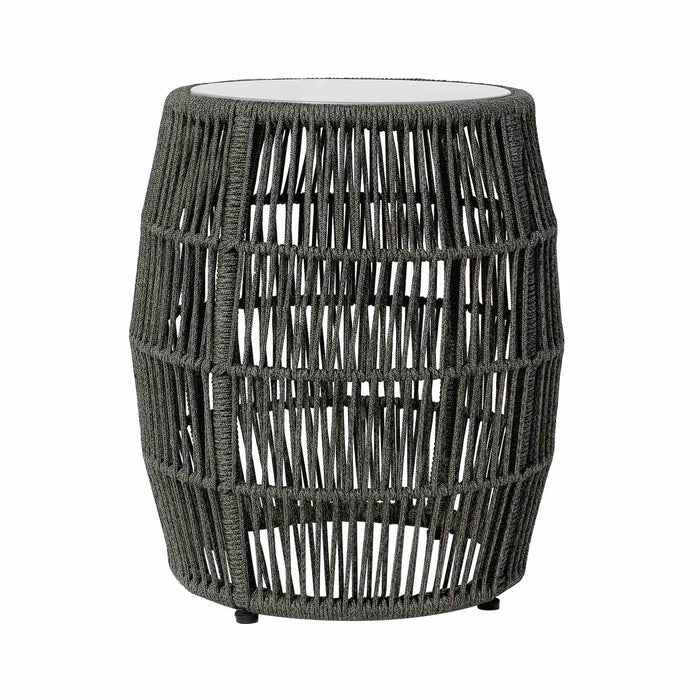 Opus Indoor Outdoor Garden Stool End Table in Charcoal Rope and Gray Superstone