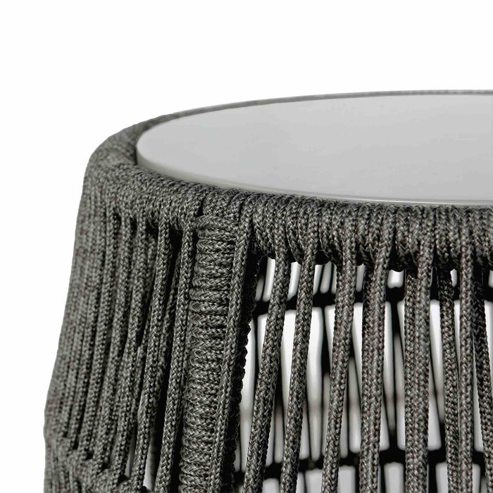 Opus Indoor Outdoor Garden Stool End Table in Charcoal Rope and Gray Superstone