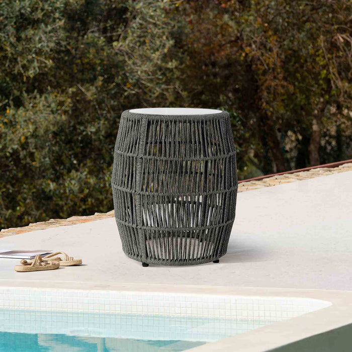 Opus Indoor Outdoor Garden Stool End Table in Charcoal Rope and Gray Superstone