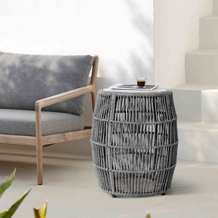Opus Indoor Outdoor Garden Stool End Table in Gray Rope and Gray Superstone