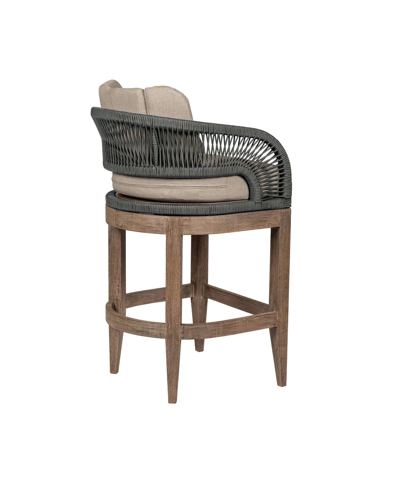 Orbit Outdoor Patio 26" Counter Stool in Weathered Eucalyptus Wood with Gray Rope and Taupe Olefin Cushions - Furniture City (CA)l