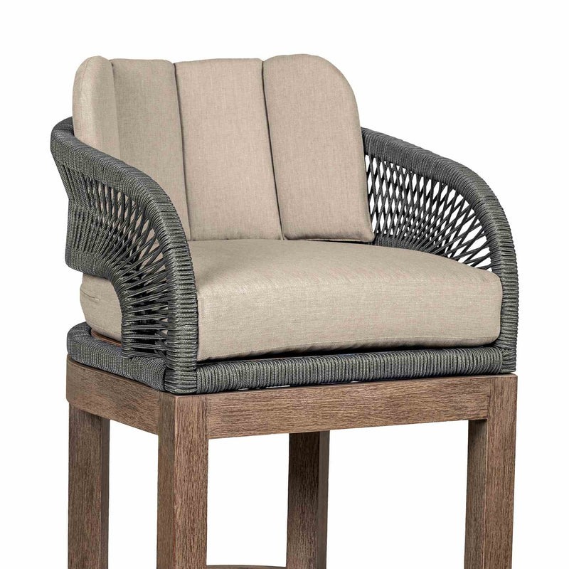Orbit Outdoor Patio 26" Counter Stool in Weathered Eucalyptus Wood with Gray Rope and Taupe Olefin Cushions - Furniture City (CA)l