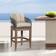 Orbit Outdoor Patio 30" Bar Stool in Weathered Eucalyptus Wood with Gray Rope and Taupe Olefin Cushions - Furniture City (CA)l