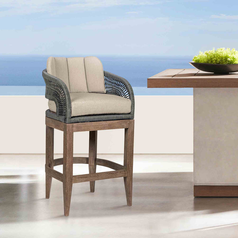 Orbit Outdoor Patio 30" Bar Stool in Weathered Eucalyptus Wood with Gray Rope and Taupe Olefin Cushions - Furniture City (CA)l