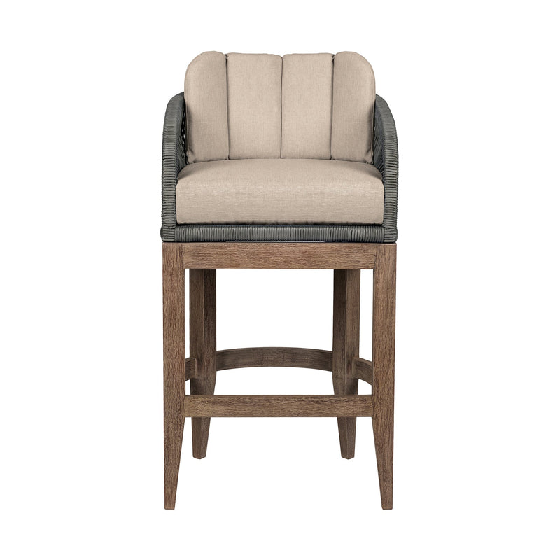 Orbit Outdoor Patio 30" Bar Stool in Weathered Eucalyptus Wood with Gray Rope and Taupe Olefin Cushions - Furniture City (CA)l