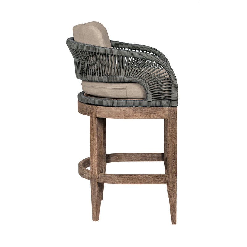 Orbit Outdoor Patio 30" Bar Stool in Weathered Eucalyptus Wood with Gray Rope and Taupe Olefin Cushions - Furniture City (CA)l