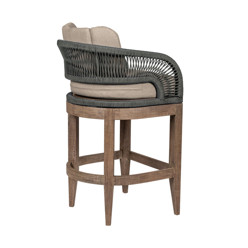Orbit Outdoor Patio 30" Bar Stool in Weathered Eucalyptus Wood with Gray Rope and Taupe Olefin Cushions - Furniture City (CA)l