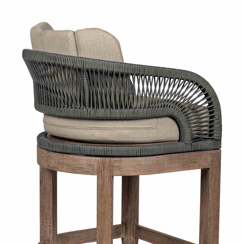 Orbit Outdoor Patio 30" Bar Stool in Weathered Eucalyptus Wood with Gray Rope and Taupe Olefin Cushions - Furniture City (CA)l