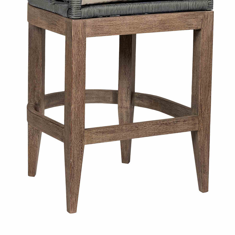 Orbit Outdoor Patio 30" Bar Stool in Weathered Eucalyptus Wood with Gray Rope and Taupe Olefin Cushions - Furniture City (CA)l