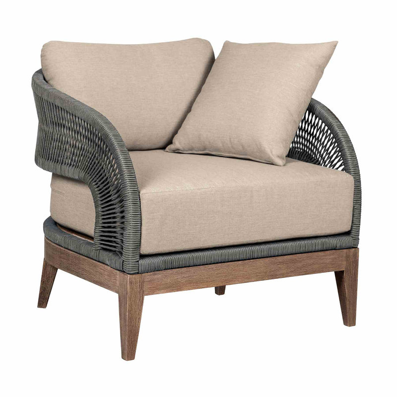 Orbit Outdoor Patio Chair in Weathered Eucalyptus Wood with Gray Rope and Taupe Olefin Cushions - Furniture City (CA)l