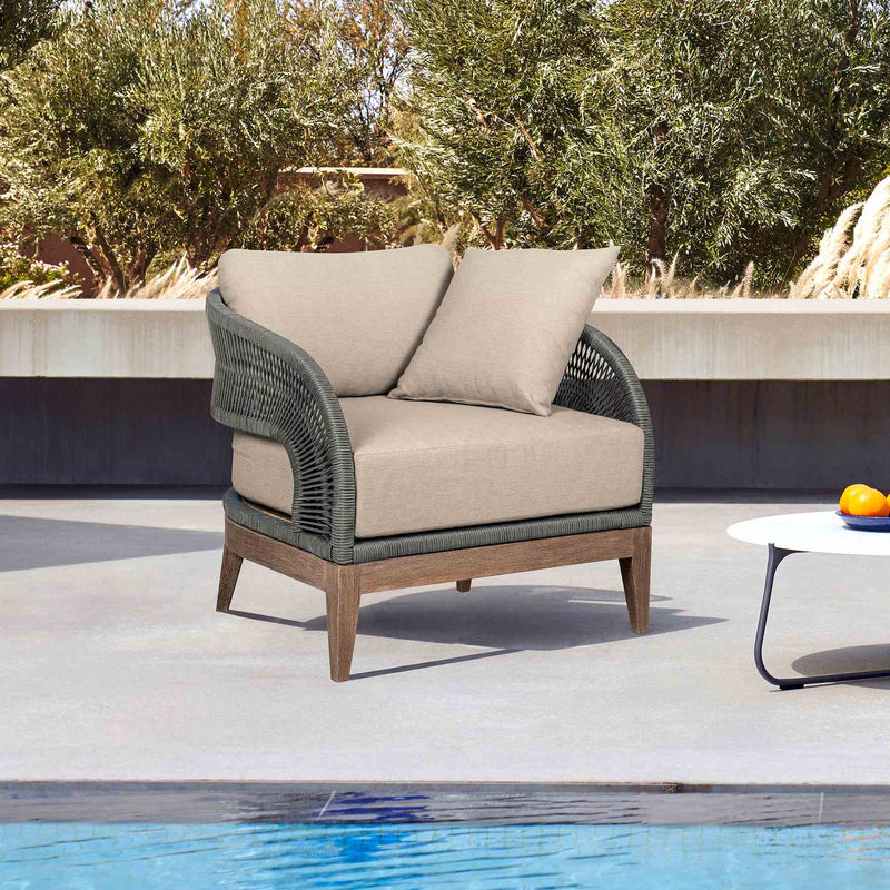 Orbit Outdoor Patio Chair in Weathered Eucalyptus Wood with Gray Rope and Taupe Olefin Cushions - Furniture City (CA)l