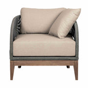 Orbit Outdoor Patio Chair in Weathered Eucalyptus Wood with Gray Rope and Taupe Olefin Cushions - Furniture City (CA)l