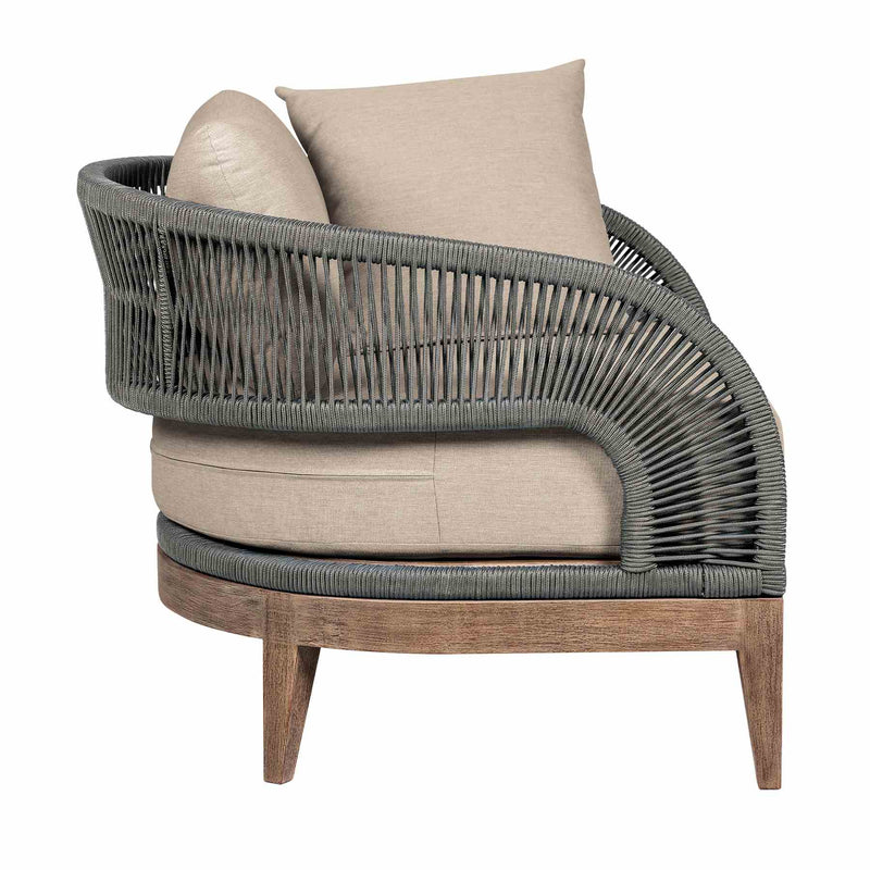 Orbit Outdoor Patio Chair in Weathered Eucalyptus Wood with Gray Rope and Taupe Olefin Cushions - Furniture City (CA)l