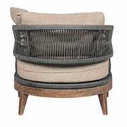 Orbit Outdoor Patio Chair in Weathered Eucalyptus Wood with Gray Rope and Taupe Olefin Cushions - Furniture City (CA)l