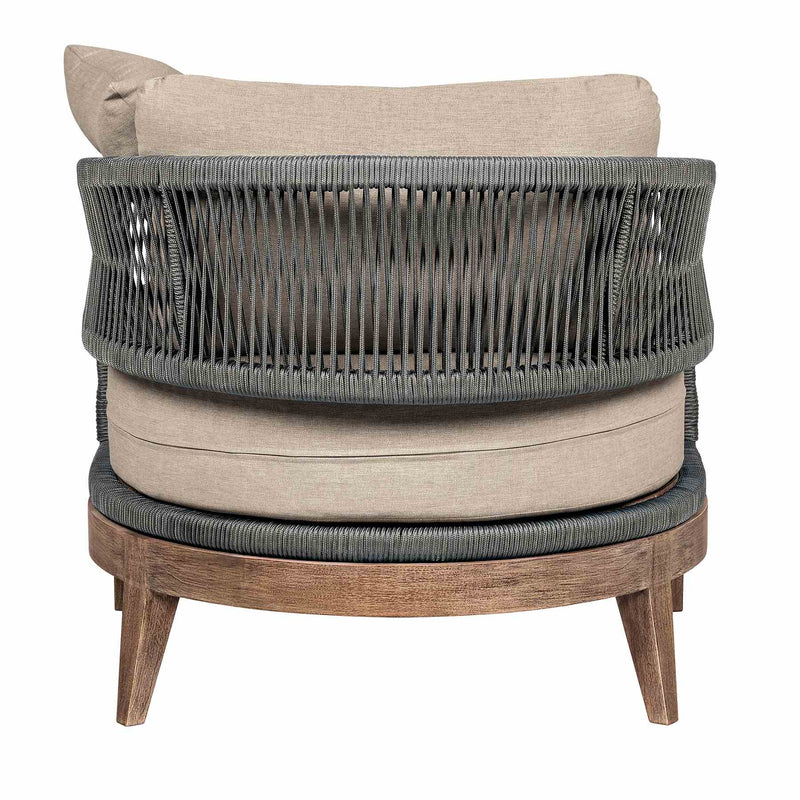 Orbit Outdoor Patio Chair in Weathered Eucalyptus Wood with Gray Rope and Taupe Olefin Cushions - Furniture City (CA)l