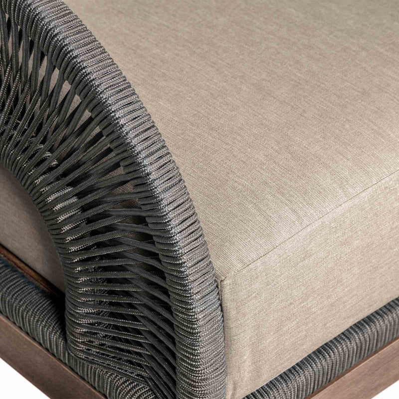 Orbit Outdoor Patio Chair in Weathered Eucalyptus Wood with Gray Rope and Taupe Olefin Cushions - Furniture City (CA)l