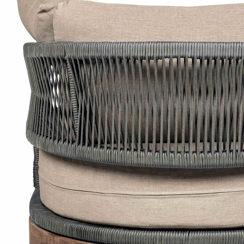 Orbit Outdoor Patio Chair in Weathered Eucalyptus Wood with Gray Rope and Taupe Olefin Cushions - Furniture City (CA)l