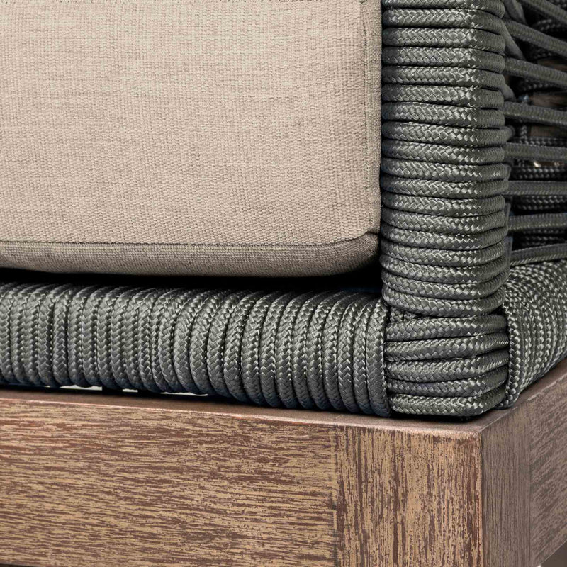 Orbit Outdoor Patio Chair in Weathered Eucalyptus Wood with Gray Rope and Taupe Olefin Cushions - Furniture City (CA)l