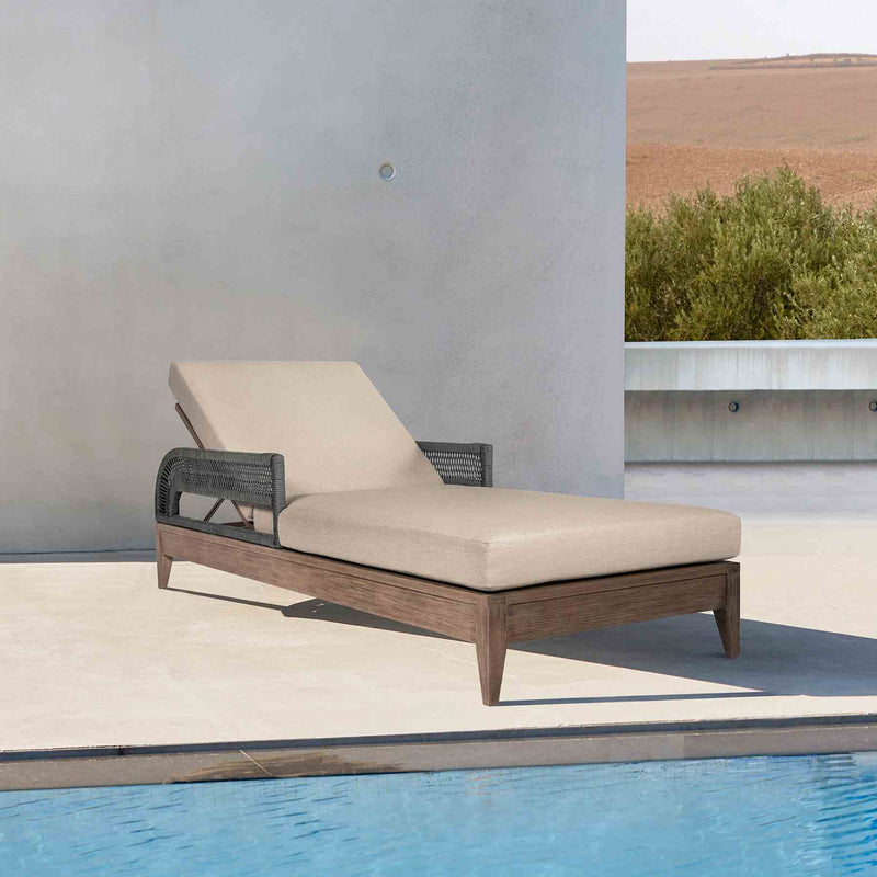 Orbit Outdoor Patio Chaise Lounge Chair in Weathered Eucalyptus Wood with Gray Rope and Taupe Olefin Cushions - Furniture City (CA)l