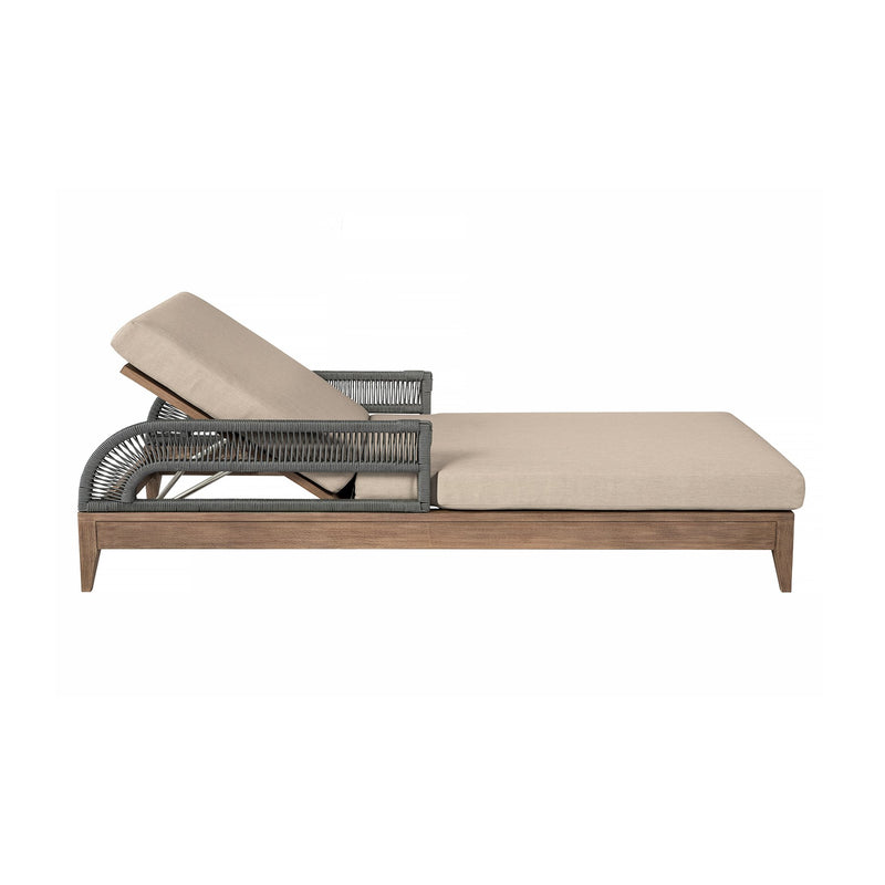 Orbit Outdoor Patio Chaise Lounge Chair in Weathered Eucalyptus Wood with Gray Rope and Taupe Olefin Cushions - Furniture City (CA)l