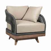 Orbit Swivel Outdoor Patio Chair in Weathered Eucalyptus Wood with Gray Rope and Taupe Olefin Cushions - Furniture City (CA)l