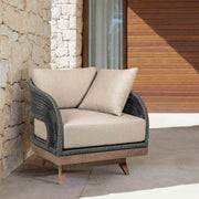 Orbit Swivel Outdoor Patio Chair in Weathered Eucalyptus Wood with Gray Rope and Taupe Olefin Cushions - Furniture City (CA)l