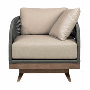 Orbit Swivel Outdoor Patio Chair in Weathered Eucalyptus Wood with Gray Rope and Taupe Olefin Cushions - Furniture City (CA)l