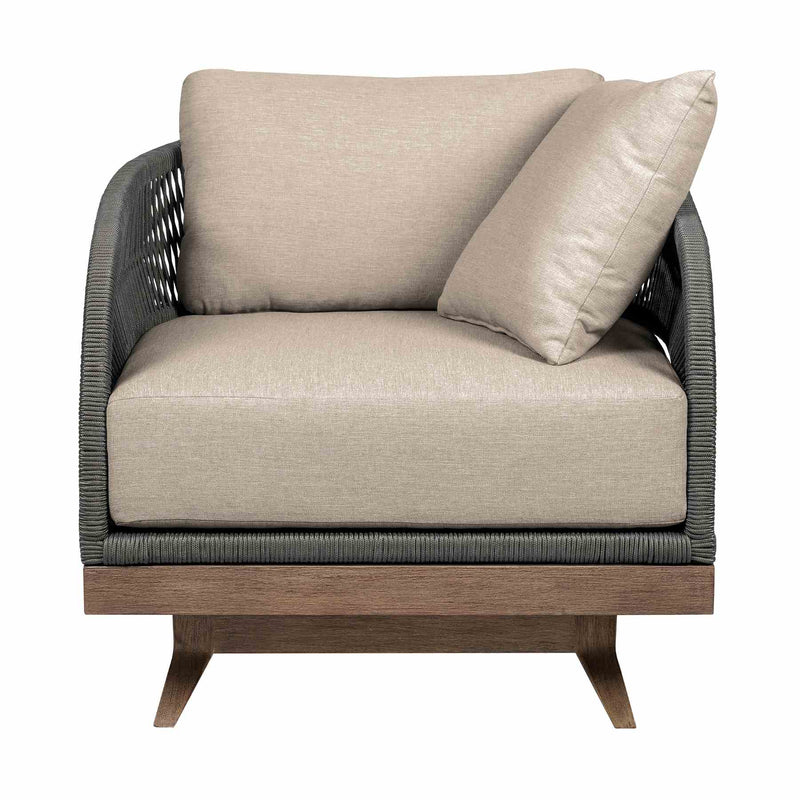 Orbit Swivel Outdoor Patio Chair in Weathered Eucalyptus Wood with Gray Rope and Taupe Olefin Cushions - Furniture City (CA)l