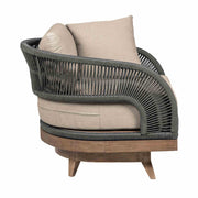 Orbit Swivel Outdoor Patio Chair in Weathered Eucalyptus Wood with Gray Rope and Taupe Olefin Cushions - Furniture City (CA)l