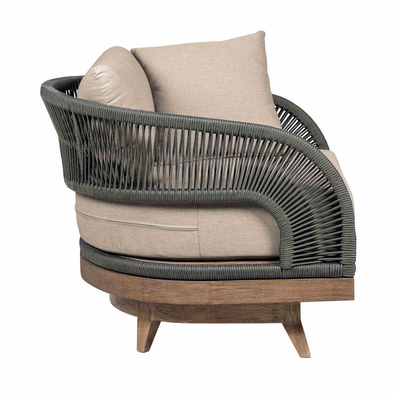 Orbit Swivel Outdoor Patio Chair in Weathered Eucalyptus Wood with Gray Rope and Taupe Olefin Cushions - Furniture City (CA)l