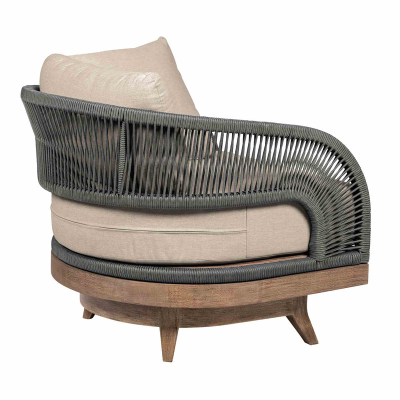 Orbit Swivel Outdoor Patio Chair in Weathered Eucalyptus Wood with Gray Rope and Taupe Olefin Cushions - Furniture City (CA)l