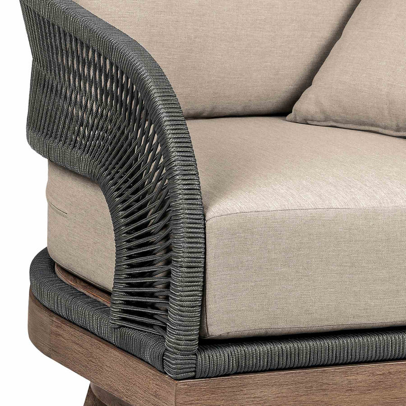 Orbit Swivel Outdoor Patio Chair in Weathered Eucalyptus Wood with Gray Rope and Taupe Olefin Cushions - Furniture City (CA)l
