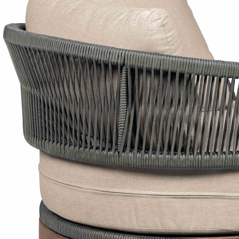 Orbit Swivel Outdoor Patio Chair in Weathered Eucalyptus Wood with Gray Rope and Taupe Olefin Cushions - Furniture City (CA)l